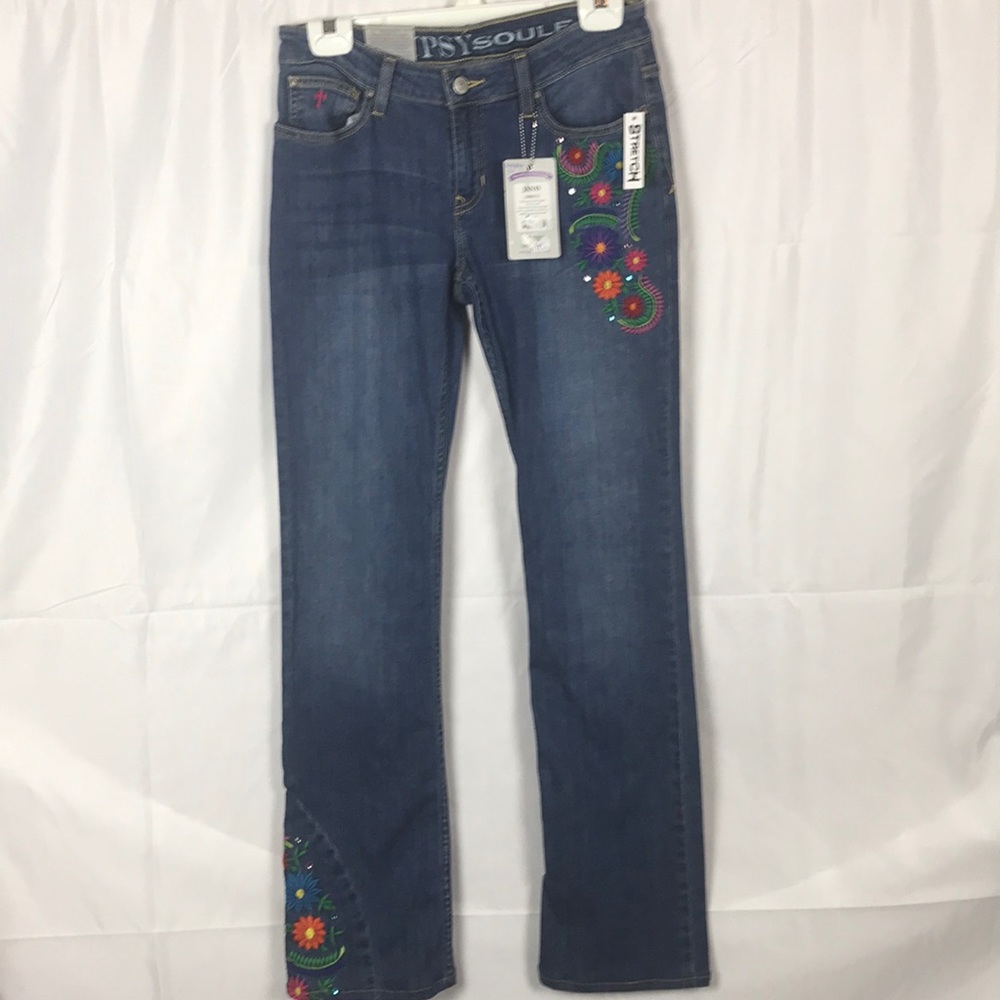 Gypsy Soule blue jeans straight leg women’s Size 4/27 embroidered boho pants